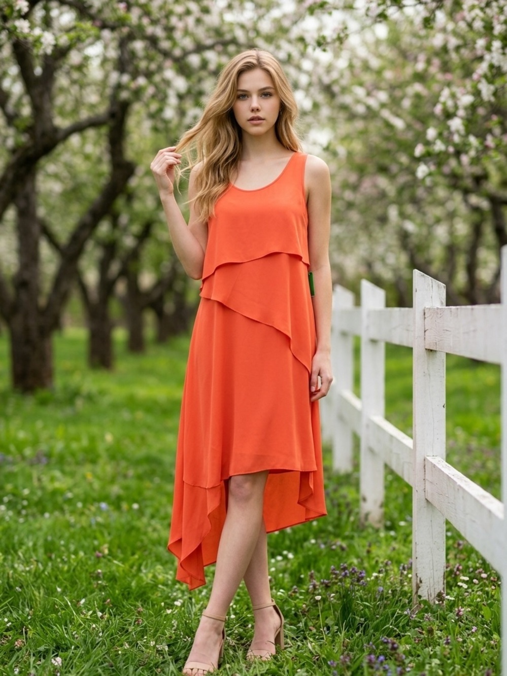 BCBGMaxAzria Orange Sleeveless High-Low Tiered Dress